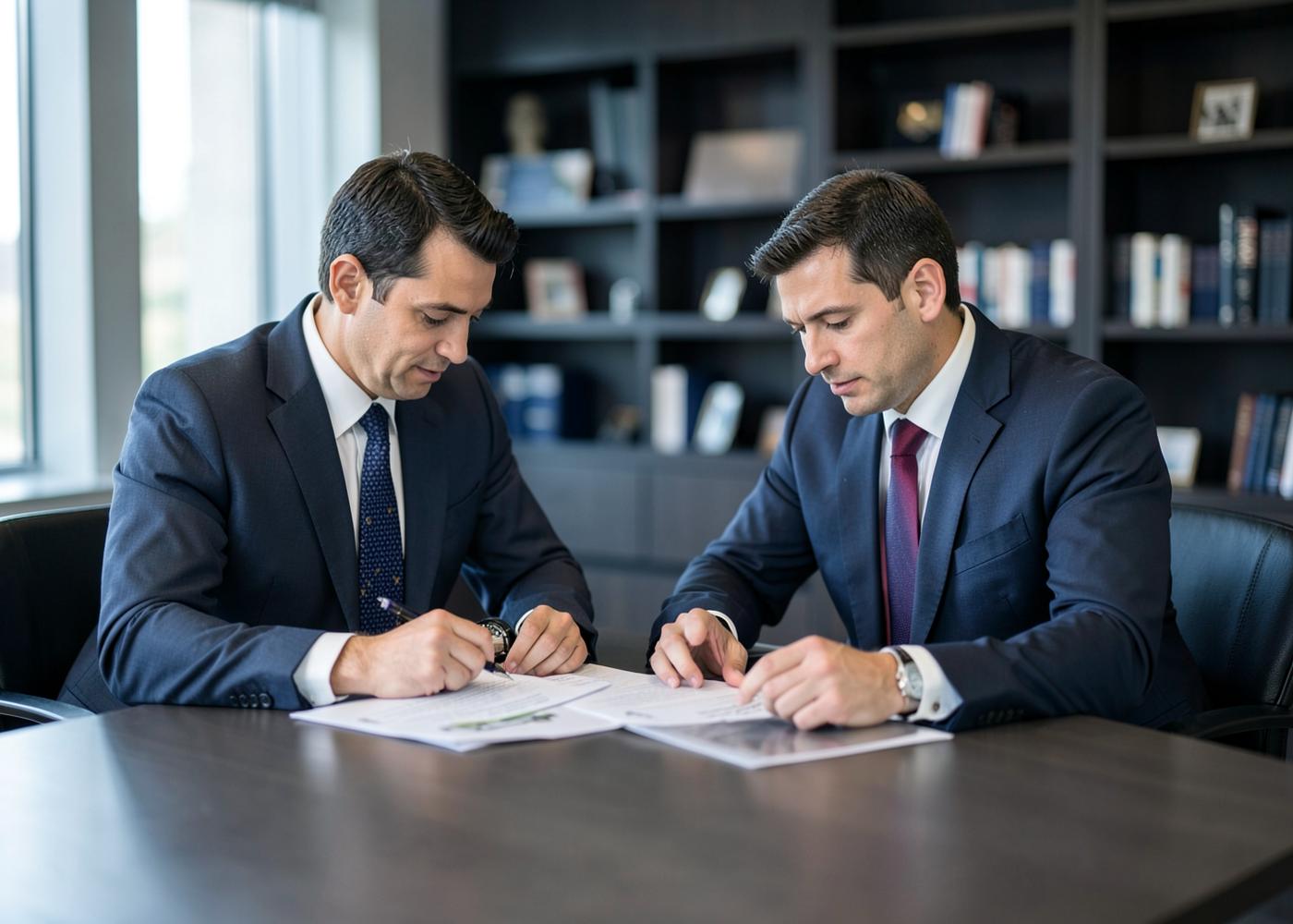 Two attorneys reviewing documents together in a law office