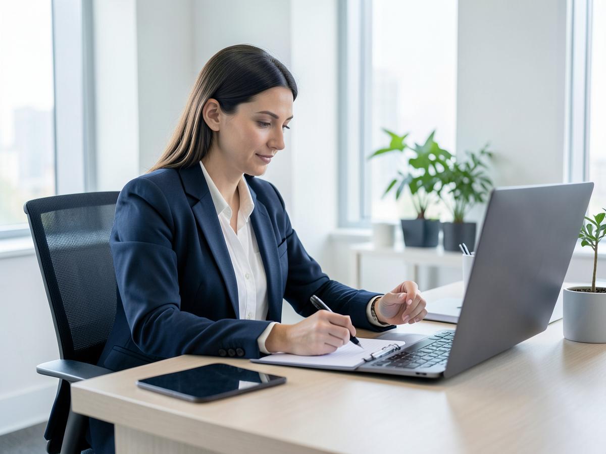 A professional taking notes while assisting a client by phone