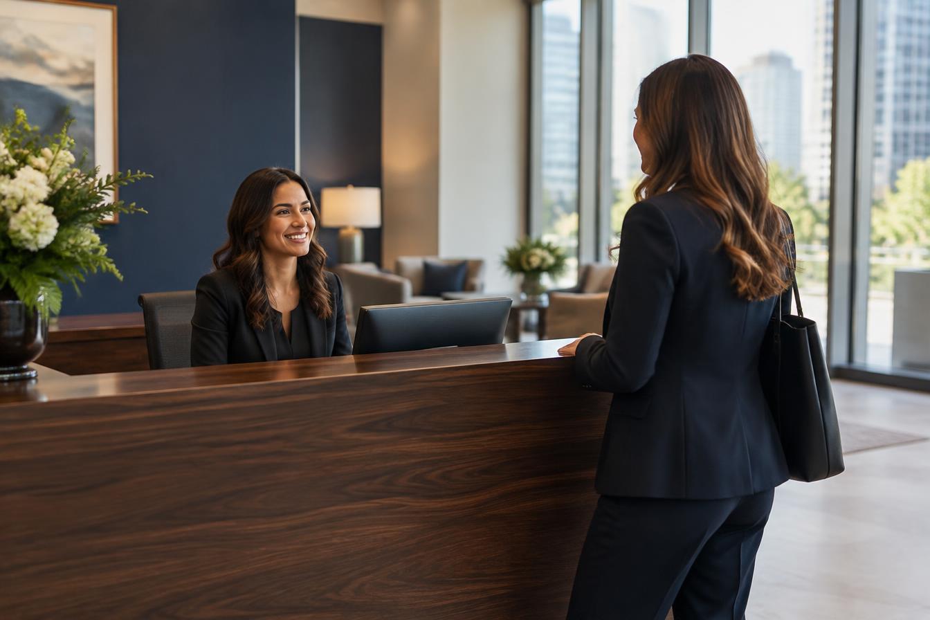 A receptionist welcoming a client at the front desk of a modern law firm