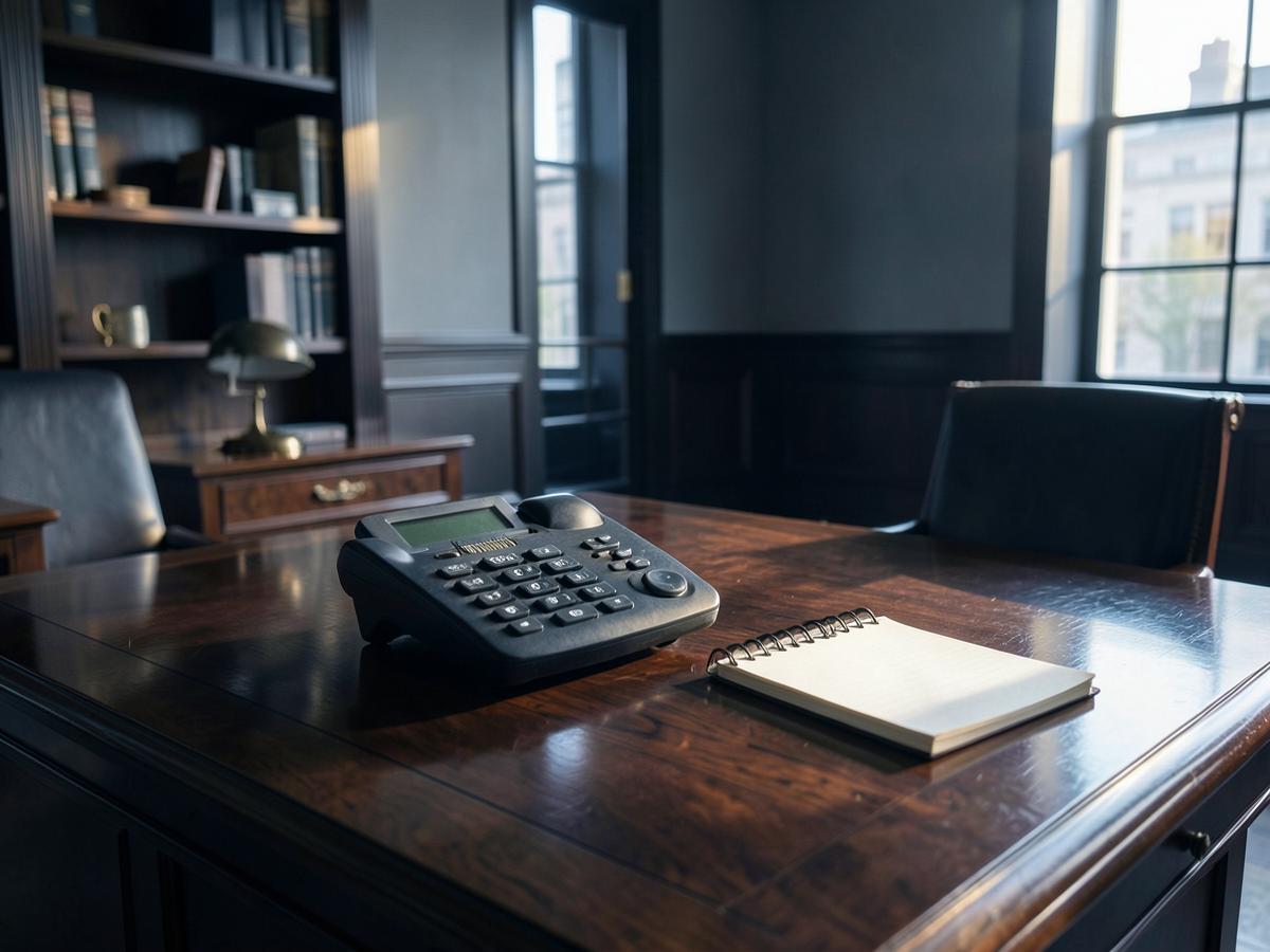 An unanswered telephone on a desk in an empty law office